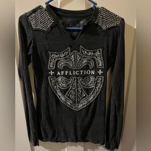 Affliction long sleeve top, Super cute bedazzled on shoulders and chest area